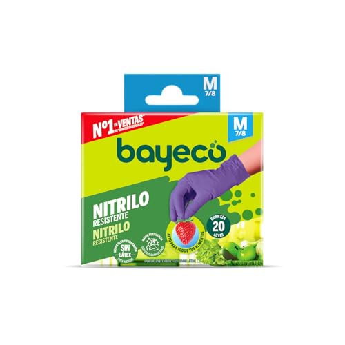 Bayeco - Guantes de nitrilo desechables Morados - Talla M - Pack 20 uds - Sin polvo y sin Látex - Texturizados para mayor agarre