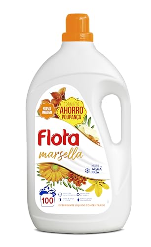 FLOTA | Detergente Líquido Quitamanchas incluso en Agua Fría para Lavadora | Ropa Blanca y de Color | Fragancia Marsella | 2x100 Lavados | Formato Familiar