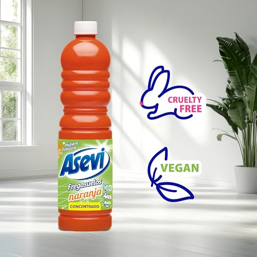 Asevi Fregasuelos Perfumado Naranja - Friegasuelos Concentrado Aroma Cítrico - Limpieza, Brillo e Higiene - Limpiasuelos pH Neutro Todo Tipo de Suelos, Incluso Superficies Delicadas - 12 x 1 Litro