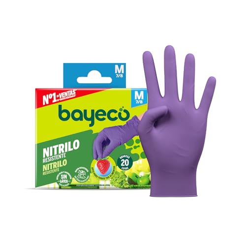 Bayeco - Guantes de nitrilo desechables Morados - Talla M - Pack 20 uds - Sin polvo y sin Látex - Texturizados para mayor agarre