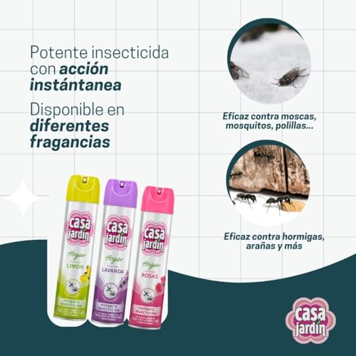 CASA JARDÍN | Insecticida Aerosol | Con Aroma de Rosas | Fórmula Eficaz para Espacios Exteriores e Interiores | Eficaz contra Insectos Voladores y Rastreros | Larga Duración | 600 ml