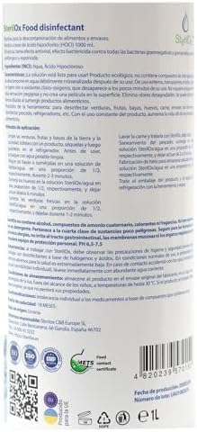 SterilOx, 1000 ml Desinfectante ALIMENTARIOl - Agente Desodorizante / 100% Natural/Para carne fresca, pescado, verduras, frutas, hierbas/Desinfección de huevos y envases/ácido hipocloroso