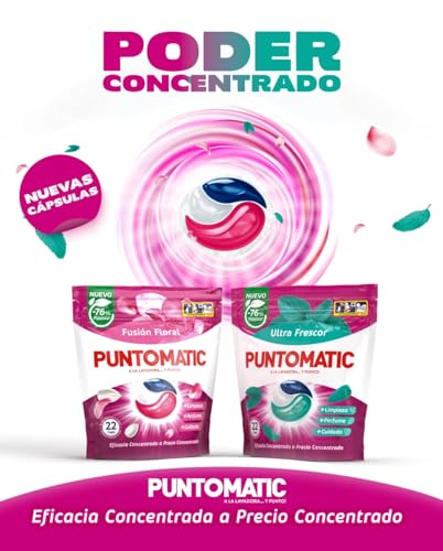 PUNTOMATIC | Cápsulas Tricámara Floral | Detergente Lavadora para Ropa Blanca y de Color | Quitamanchas | 12 lavados