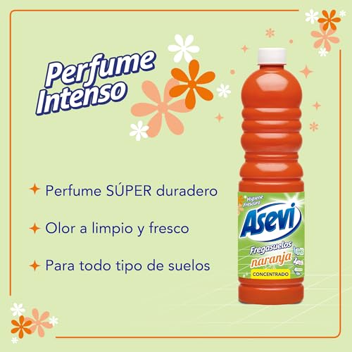 Asevi Fregasuelos Perfumado Naranja - Friegasuelos Concentrado Aroma Cítrico - Limpieza, Brillo e Higiene - Limpiasuelos pH Neutro Todo Tipo de Suelos, Incluso Superficies Delicadas - 12 x 1 Litro