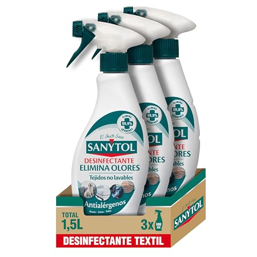 Sanytol – Spray Elimina Olores Desinfectante para Textiles, Elimina Malos Olores Persistentes y Neutraliza Alérgenos, Sin Lejía - Pack de 3 x 500 ml = 1,5L