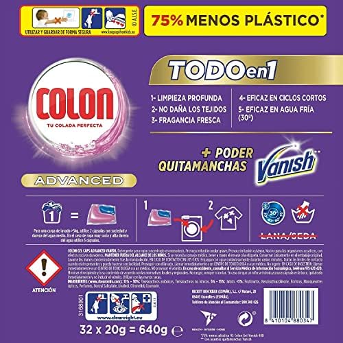 Colon Vanish Advanced Detergente para lavadora con quitamanchas, adecuado para ropa blanca y de color, Formato cápsulas - 32 Unidad (Paquete de 2)