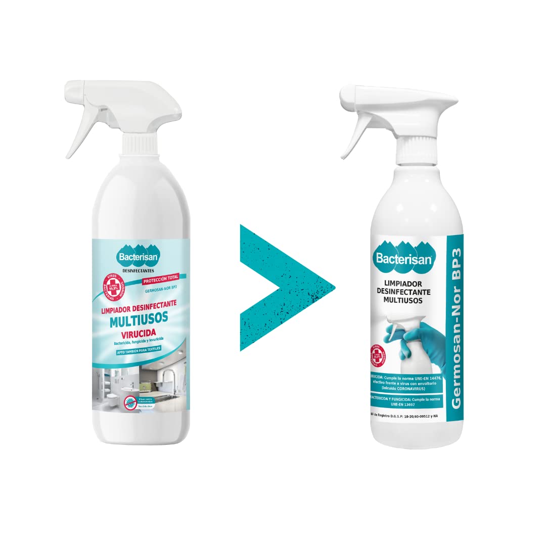 BACTERISAN Germosan Nor BP3, Desinfectante Multiusos Triple Acción, Elimina El 99,95 De Virus, Gérmenes Y Bacterias De Todo Tipo De Objetos Superficies Y Textiles, 750ml