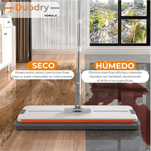 Mopa Fregona con Cubo Escurridor DuoDry, Cubo Fregona Dos Compartimentos y 6 Mopas de Limpieza Suelos, Mopa para Limpiar Azulejos y Paredes y Ventanas, Cubo de Fregar con Dos Compartimentos