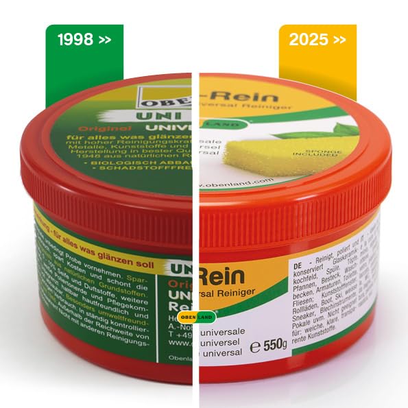 Obenland Uni-Rein – Piedra de limpieza ecológica con 2 esponjas – Limpiador universal versátil para todas las superficies de cocina, baño, aseo y grifos, ventanas, zapatillas, vitrocerámica, 550 g