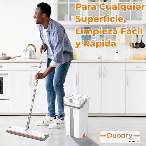 Mopa Fregona con Cubo Escurridor DuoDry, Cubo Fregona Dos Compartimentos y 6 Mopas de Limpieza Suelos, Mopa para Limpiar Azulejos y Paredes y Ventanas, Cubo de Fregar con Dos Compartimentos