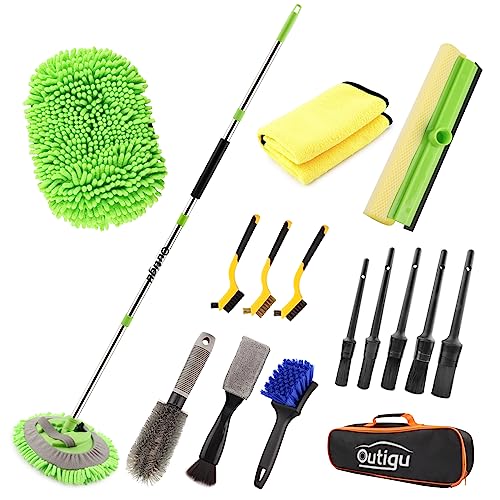 Outigu Kit de limpieza de coche, 62 pulgadas, guante de fregona con mango largo, juego de cepillos de detalles de coche, suministros completos de limpieza de coche