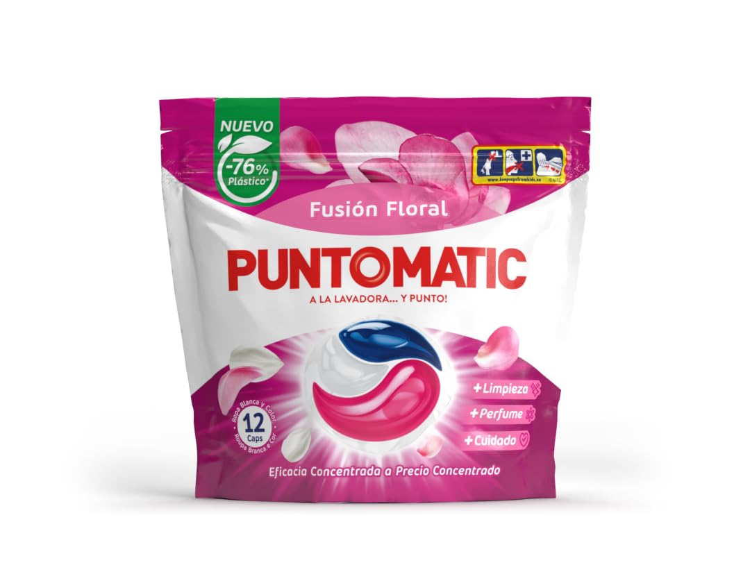 PUNTOMATIC | Cápsulas Tricámara Floral | Detergente Lavadora para Ropa Blanca y de Color | Quitamanchas | 12 lavados