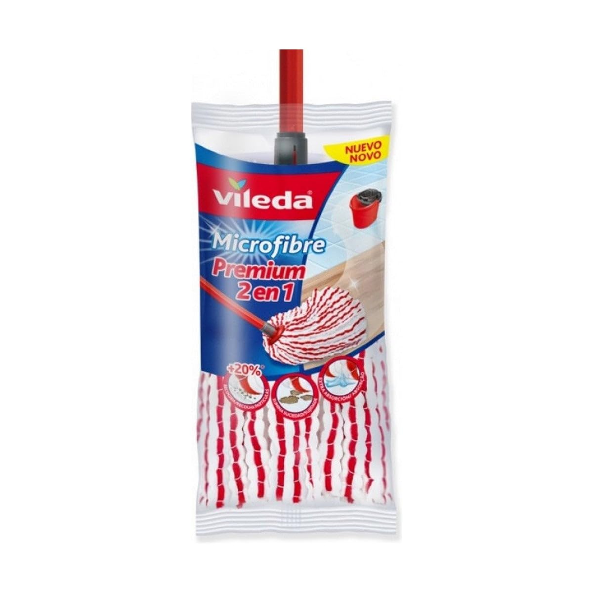 Vileda Fregona Microfibras Premium 2 en 1 - Recambio para fregona, cabezal universal con microfibras y poliamida, color rojo y blanco