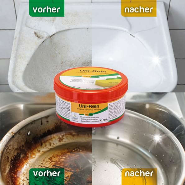 Obenland Uni-Rein – Piedra de limpieza ecológica con 2 esponjas – Limpiador universal versátil para todas las superficies de cocina, baño, aseo y grifos, ventanas, zapatillas, vitrocerámica, 550 g