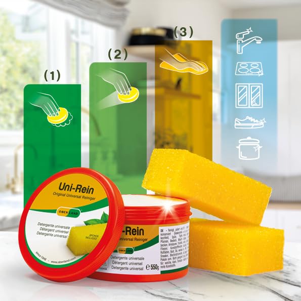 Obenland Uni-Rein – Piedra de limpieza ecológica con 2 esponjas – Limpiador universal versátil para todas las superficies de cocina, baño, aseo y grifos, ventanas, zapatillas, vitrocerámica, 550 g