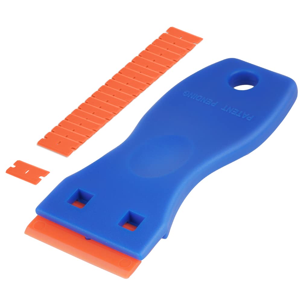 Flintronic Raspador Vitroceramica, 1 Rasqueta Multiusos Profesional con 20 Cuchillas para Ventanas, Espejos, Azulejos Limpieza (Azul Naranja)