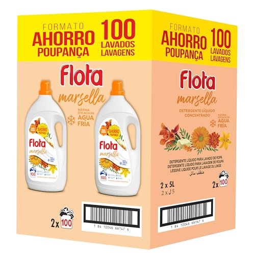 FLOTA | Detergente Líquido Quitamanchas incluso en Agua Fría para Lavadora | Ropa Blanca y de Color | Fragancia Marsella | 2x100 Lavados | Formato Familiar