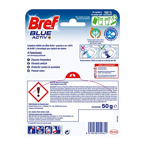 Bref Blue Activ Cloro Cesta WC (pack de 10 unidades), limpia baño para un WC siempre limpio y fresco, limpiador de baños con fórmula antical que elimina la suciedad
