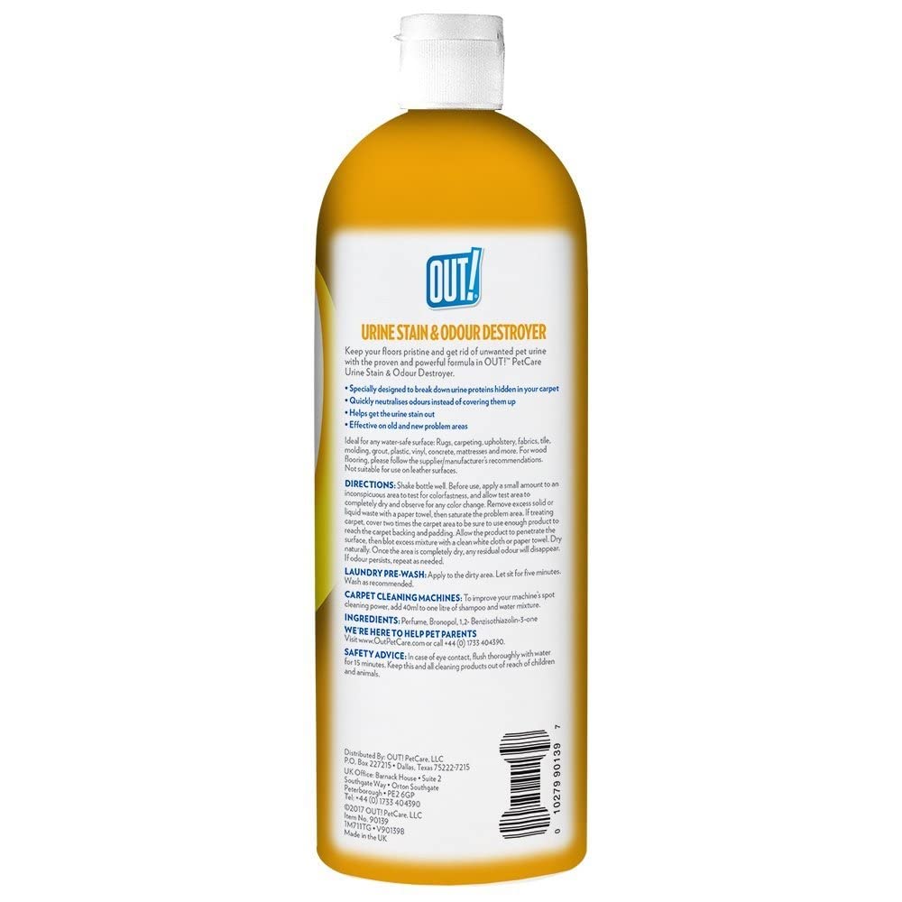 OUT! Destructor de Manchas y Olores de Orina para Mascotas | Limpiador Enzimático Pro-Bacterias - 1 Litro