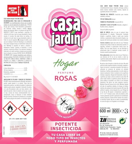 CASA JARDÍN | Insecticida Aerosol | Con Aroma de Rosas | Fórmula Eficaz para Espacios Exteriores e Interiores | Eficaz contra Insectos Voladores y Rastreros | Larga Duración | 600 ml