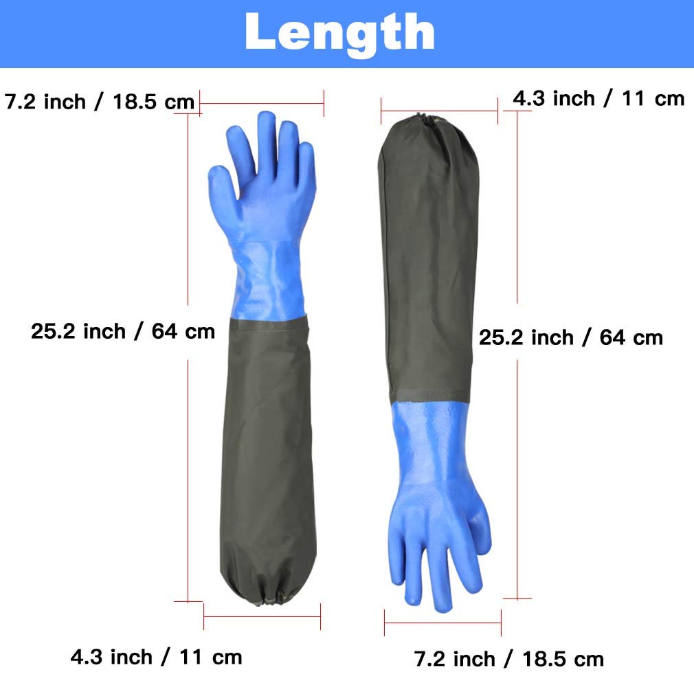 Haiou Guantes de estanque, guantes largos de PVC de goma impermeables con codo de longitud, guantes de acuario, 25 pulgadas, color Azul, 65cm
