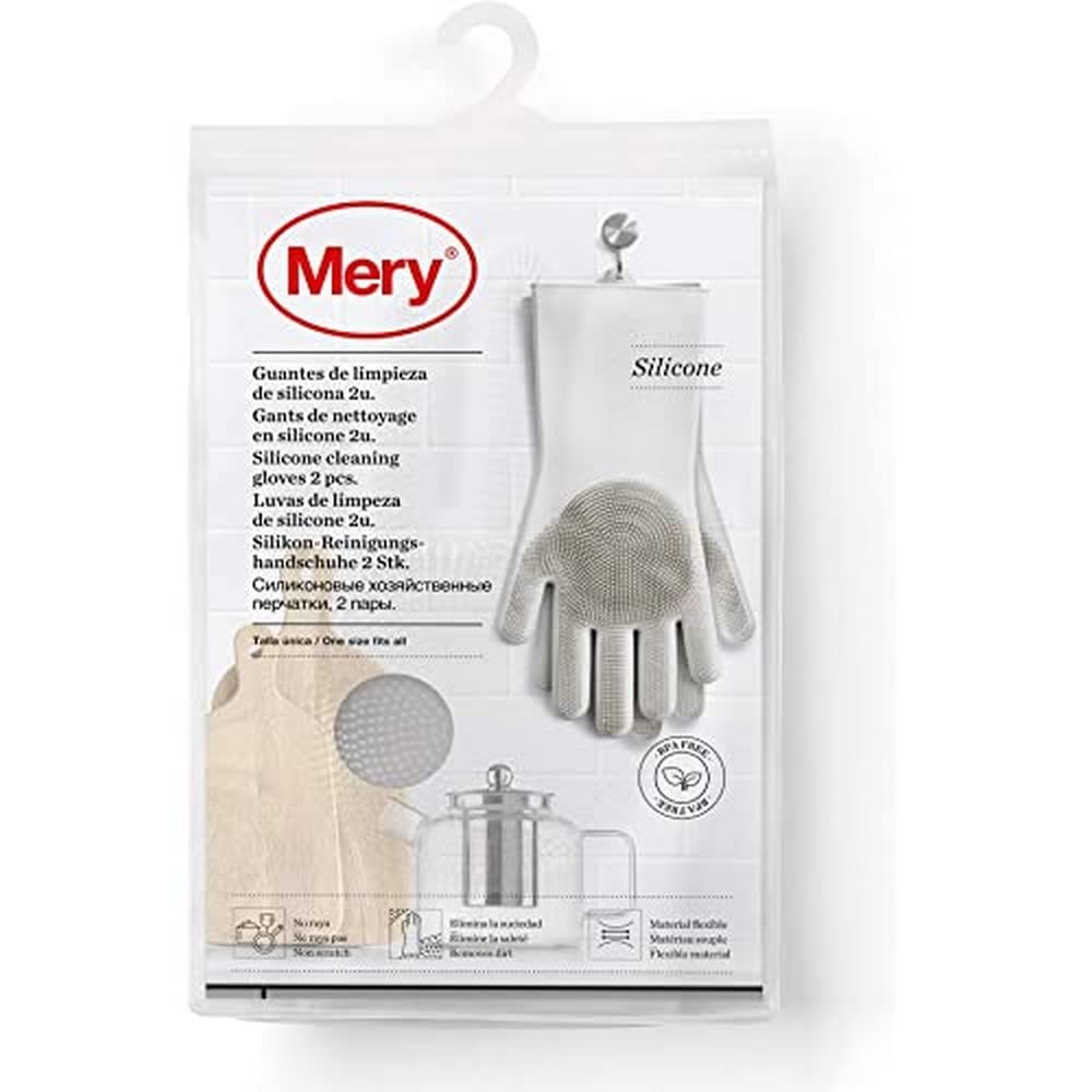 Mery | Guantes de Limpieza | De Silicona | No Rayan | Elimina la Suciedad | Material Flexible | Gris Claro | 34,5 x 15,5 x 2,6 cm | Talla Única
