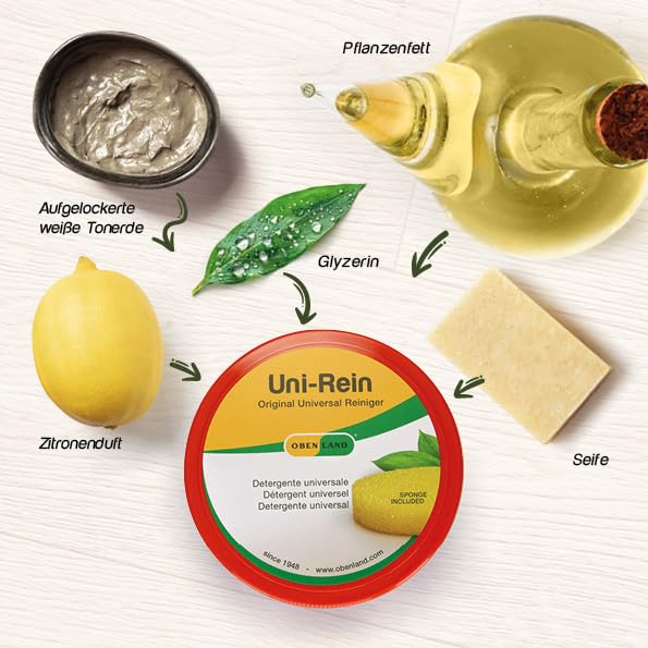 Obenland Uni-Rein – Piedra de limpieza ecológica con 2 esponjas – Limpiador universal versátil para todas las superficies de cocina, baño, aseo y grifos, ventanas, zapatillas, vitrocerámica, 550 g