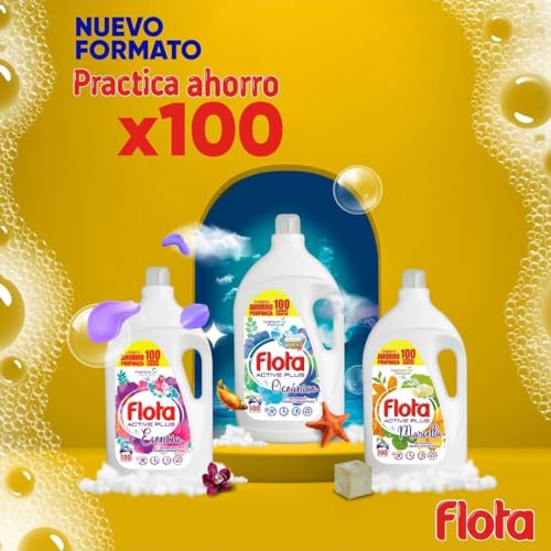 FLOTA | Detergente Líquido Quitamanchas incluso en Agua Fría para Lavadora | Ropa Blanca y de Color | Fragancia Marsella | 2x100 Lavados | Formato Familiar