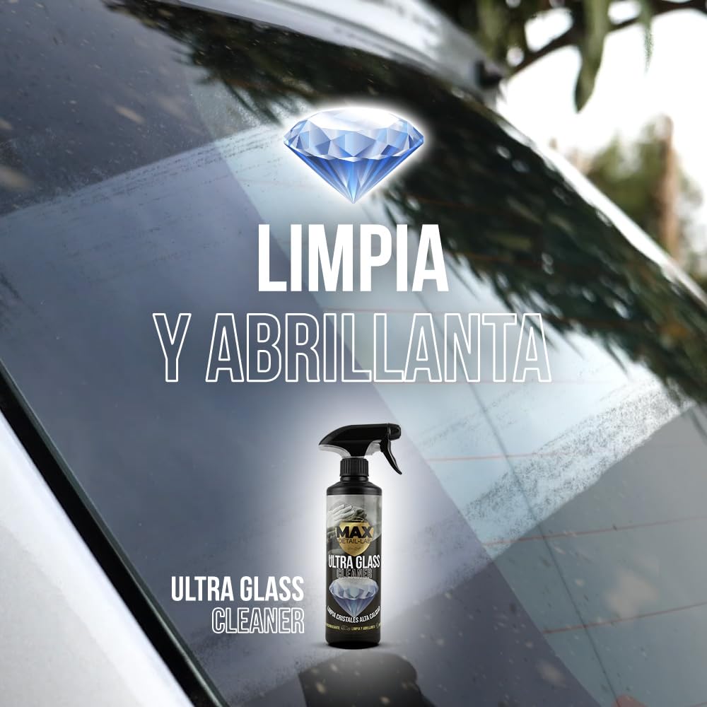 MAX DETAIL-LAB - Ultra Glass - Limpiacristales Coche Antivaho, Fórmula Desengrasante Limpia Cristales y Abrillanta, Repelente Agua Parabrisas Antilluvia, Kit Limpieza Detailing Car Profesional, 500ml
