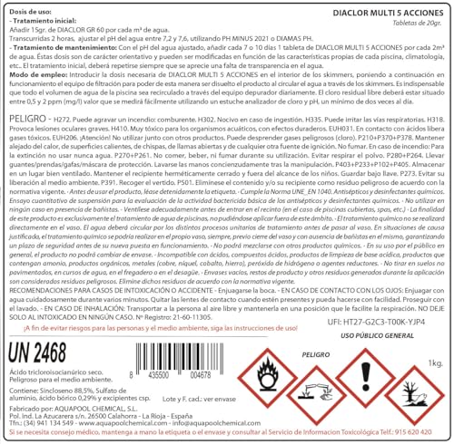 Kit Cloro Piscinas Pequeñas DIACLOR Multi 5 ACCIONES 1 KG (Pastillas 20 GR) SIN Cobre + DOSIFICADOR + TERMÓMETRO