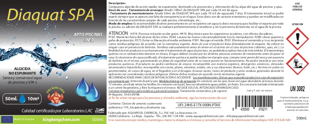 Kit Cloro Piscinas Pequeñas DIACLOR Multi 5 ACCIONES 500 GR (Pastillas 20 GR) SIN Cobre + Antialgas DIAQUAT SPA 500 ML + DOSIFICADOR