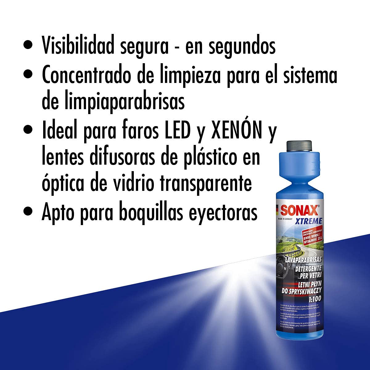SONAX Xtreme Limpiacristales Concentrado 1:100 (250 ml) para el Sistema de limpiaparabrisas, eficaz contra la Suciedad y Suave con los Materiales | N.° 02711410-820