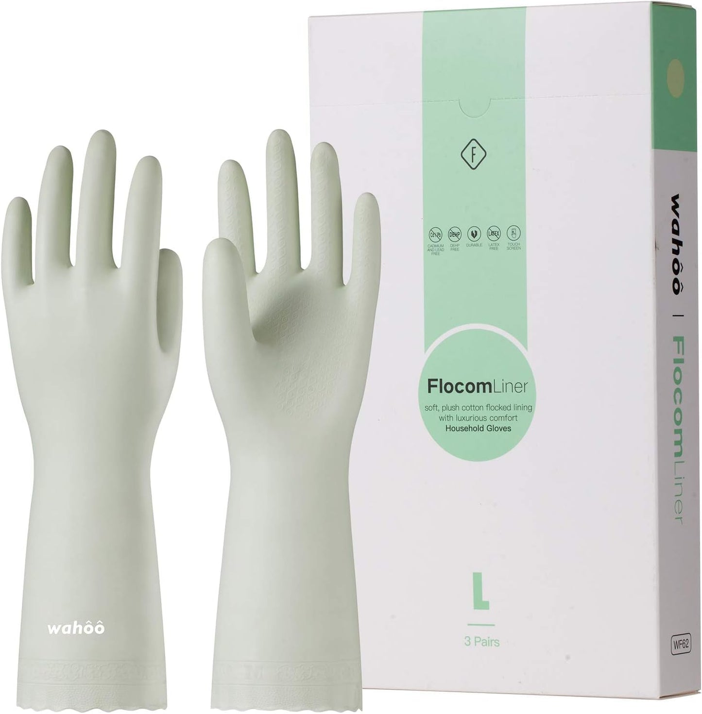 wahoo 3 Pares Guantes de Limpieza Hogar, Guantes Forrados de Algodón Flocado para Cocina, Sin Látex, Reutilizables, Impermeables, Antideslizantes, Verde Canario, Talla M