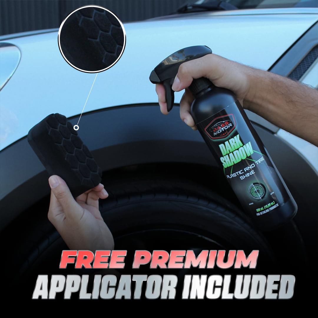 BassMotor Abrillantador de Plástico y Neumáticos Coche Moto Restaurador Gomas Viejas Recupera Brillo Interior y Exterior para Abrillantado en Casa - Dark Shadow 500ml + Esponja Premium