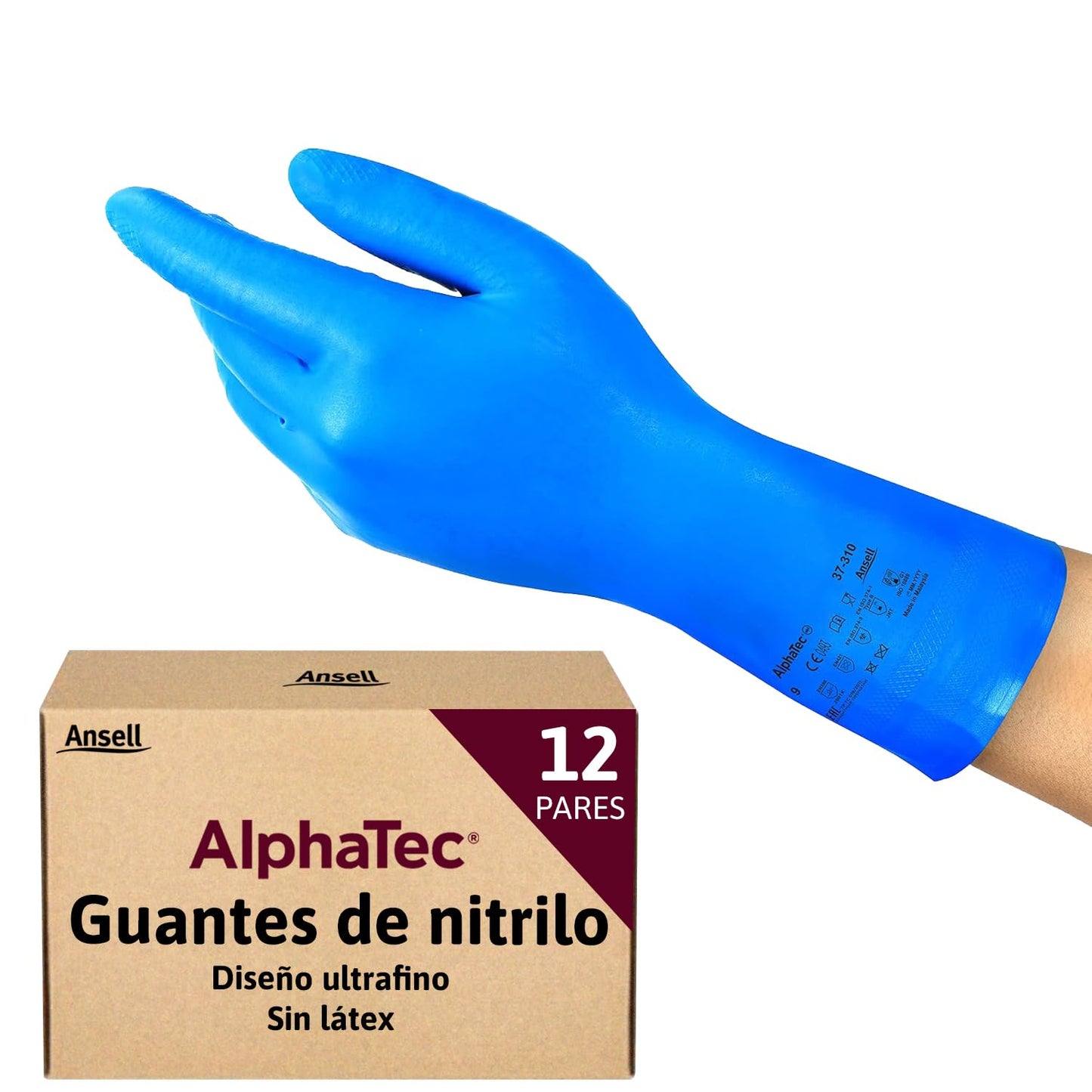 Ansell AlphaTec 37-310 Guantes de Nitrilo Reutilizables, Protección Química y Seguridad Alimentaria, Guantes de Trabajo Multiusos, Cocina y Limpieza del Hogar, Azul, Talla M (12 Pares)