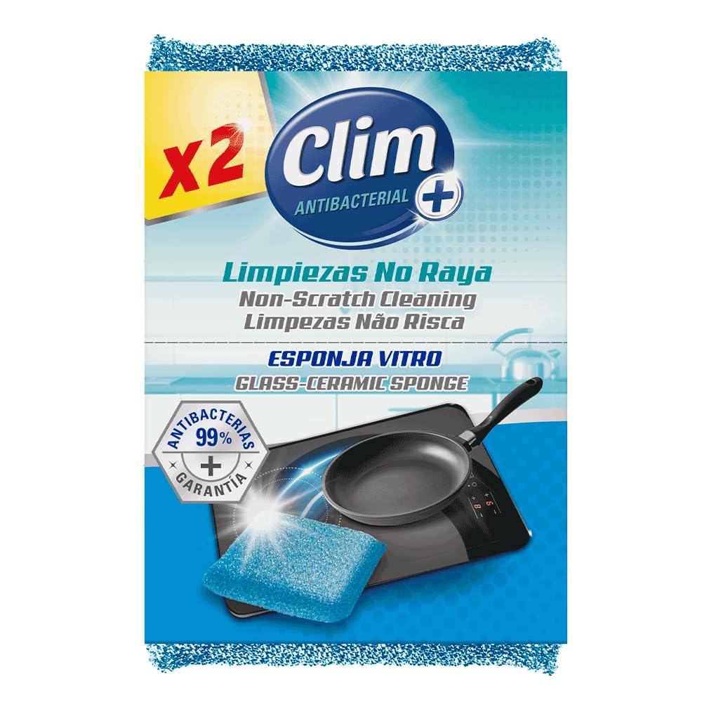 Clim Antibacterial Esponja para Limpiar Vitrocerámicas y Superficies Delicadas | Limpia sin rayar. Caja con 16 Esponjas en Paquetes de 2 Unidades | Cristal, Teflón, Cerámica y más.