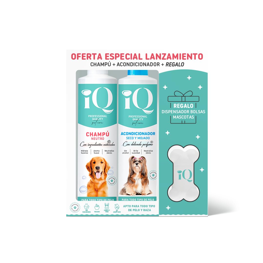 iQ Pet Care - Pack Champú Neutro + Acondicionador Desenredante para Mascotas | Cuidado Completo para Todo Tipo de Pelo y Raza de Gato y Perro | Incluye Dispensador de Bolsas - 600 ml