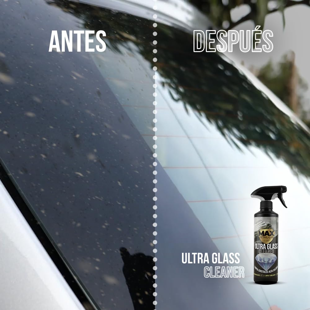 MAX DETAIL-LAB - Ultra Glass - Limpiacristales Coche Antivaho, Fórmula Desengrasante Limpia Cristales y Abrillanta, Repelente Agua Parabrisas Antilluvia, Kit Limpieza Detailing Car Profesional, 500ml