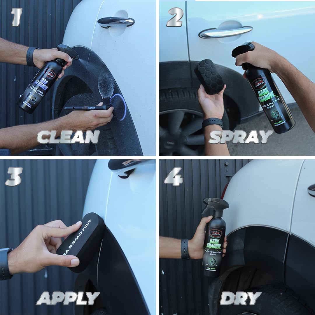 BassMotor Abrillantador de Plástico y Neumáticos Coche Moto Restaurador Gomas Viejas Recupera Brillo Interior y Exterior para Abrillantado en Casa - Dark Shadow 500ml + Esponja Premium