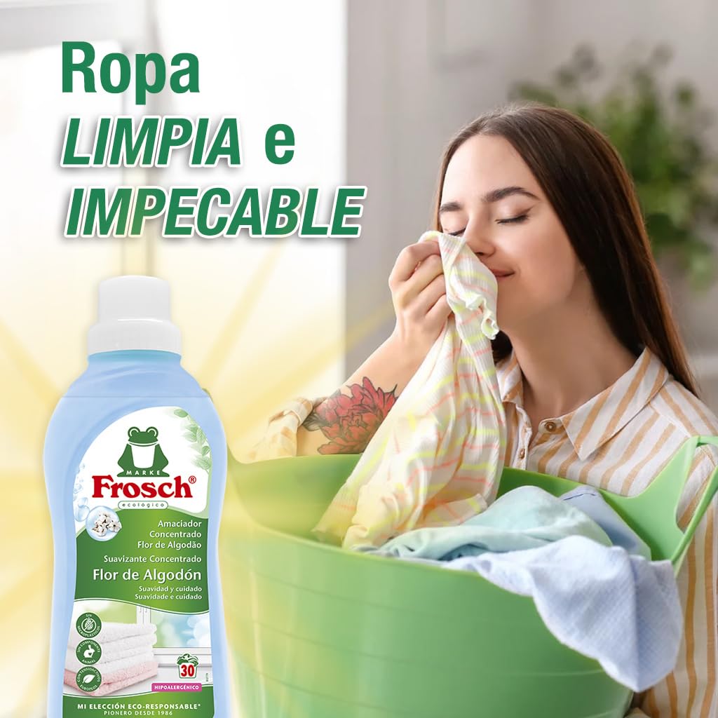 Frosch - Suavizante Concentrado Liquido Ecológico Flor de Algodón para Lavadora, Apto para Ropa Blanca y de Color - Pack de 8 Unidades x 750 ml