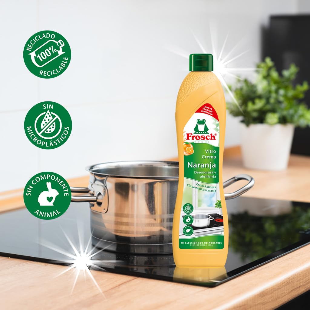 Frosch - Limpiador Ecológico para Vitrocerámica Nueva Fórmula Mejorada, Desengrasa y Abrillanta en Profundidad, Fragancia a Naranja - 500 ml