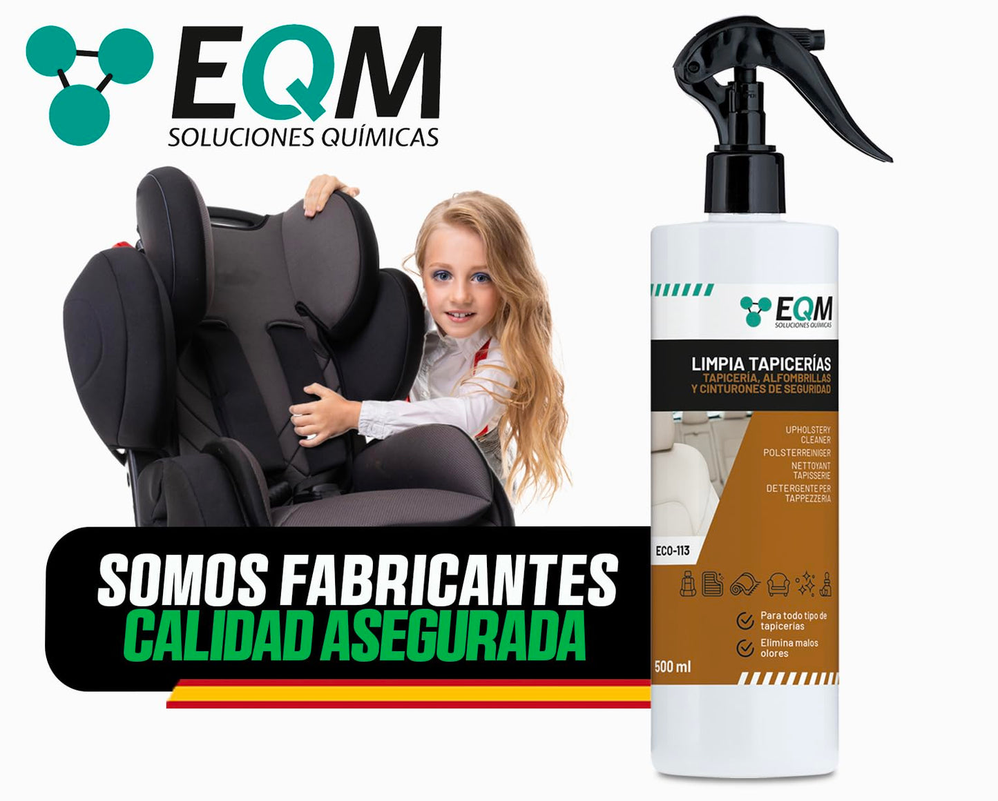 EQM - ECO-113 - Limpia Tapicerías Coche Profesional - 500 ML - Tela, Cuero y Alcantara - Elimina Manchas y Malos olores - Ideal para alfombras, tapicerías, moquetas, Cinturones de Seguridad