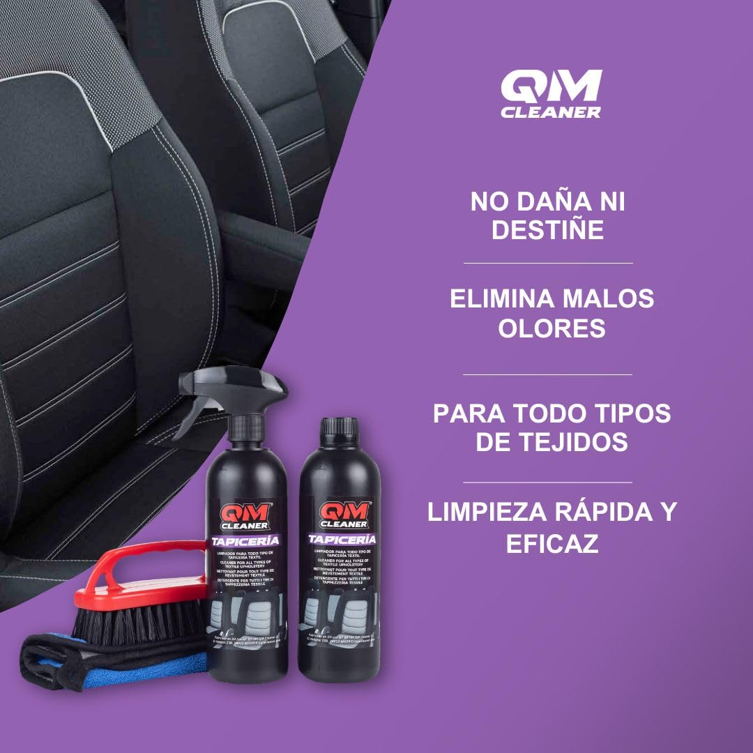 QM Cleaner Limpia Tapicerías Profesional para Limpiar Asientos Coche, Neutraliza Olores | para Alfombras, Tapicerías, Moquetas, Alcántara (Kit 1L + Cepillo + Paño)