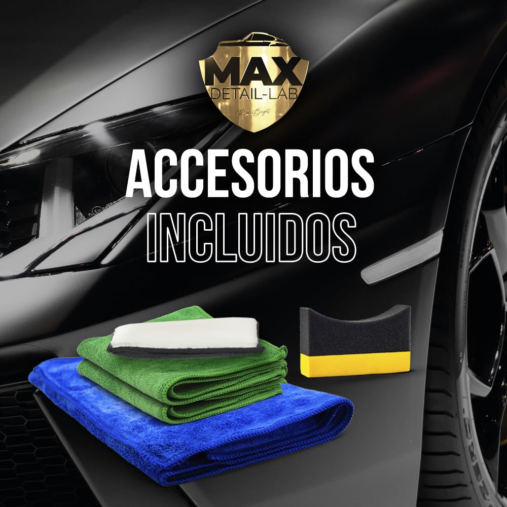 MAX DETAIL-LAB - Detailing Pack - Kit Limpieza Coche Accesorios Incluidos, Productos Limpieza Exterior e Interior, Limpia Llantas, Champu, Cera Líquida, Tapicerias, Salpicaderos, Limpiacristales