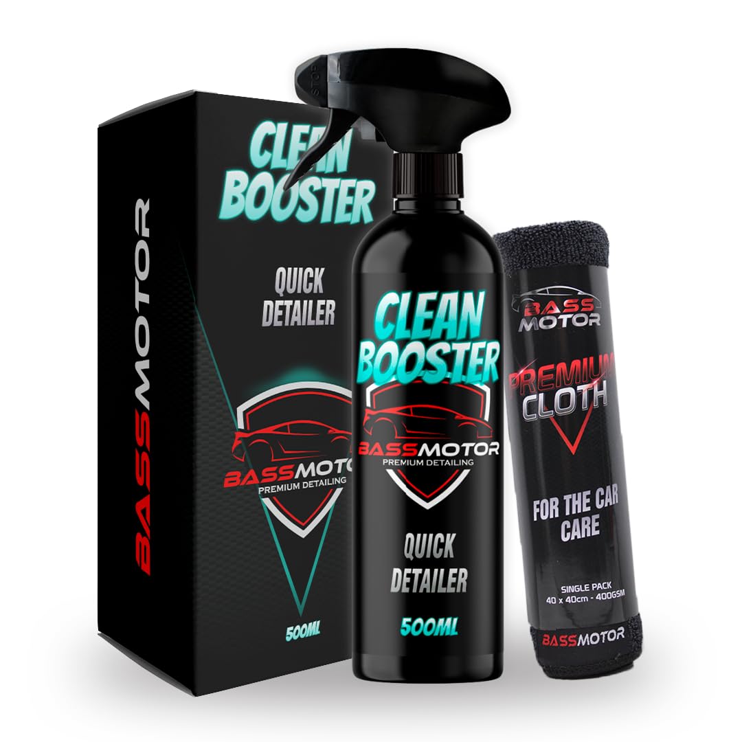 BassMotor Limpiador en seco todo en uno Exterior Coche para Limpieza Sin Agua Exterior de Carrocería Cristales Moto Uso Fácil - Clean Booster 500ml + Bayeta Premium