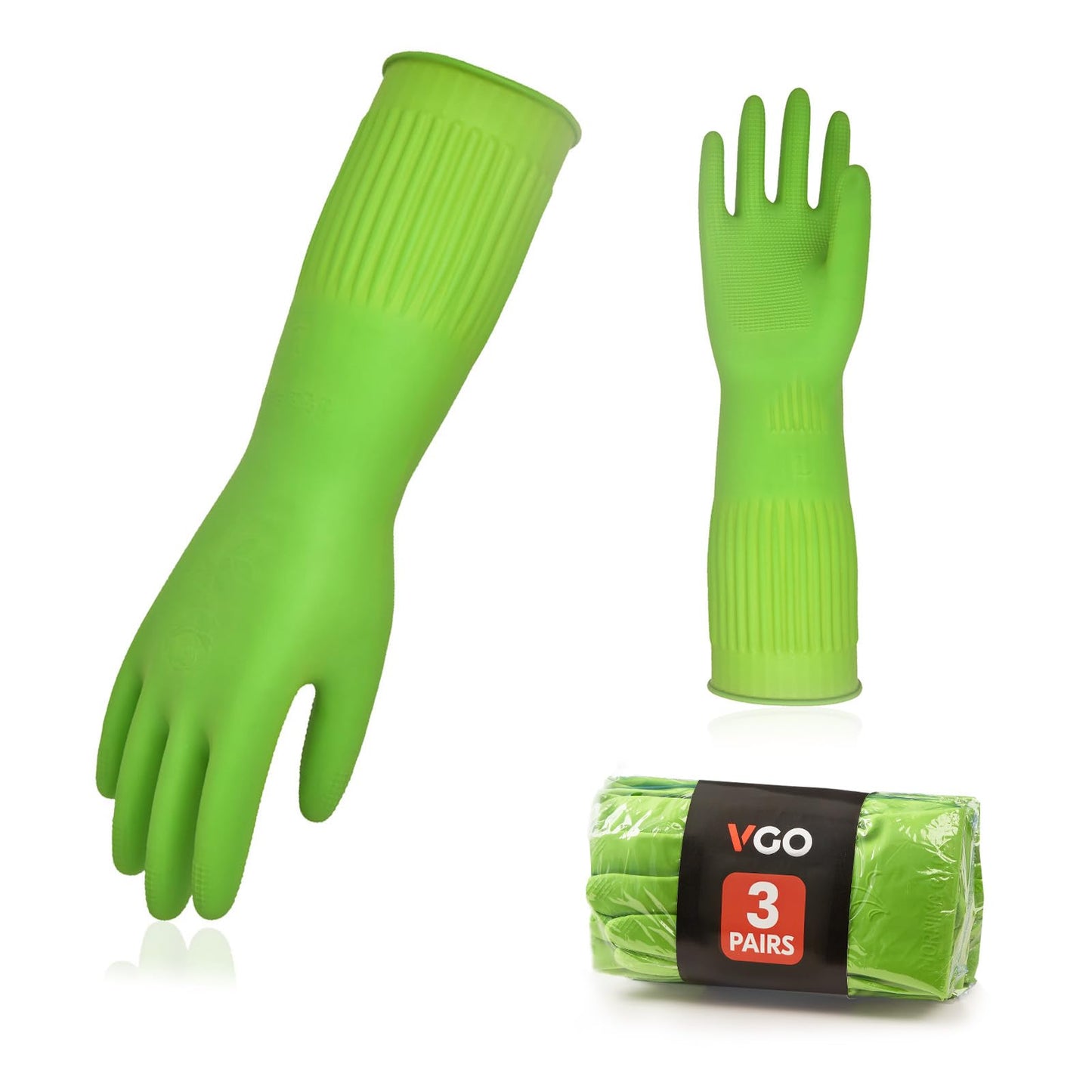 Vgo... 3 pares de guantes de limpieza para el hogar, guantes de goma para lavar los platos, extra gruesos, mangas largas (RB2143)
