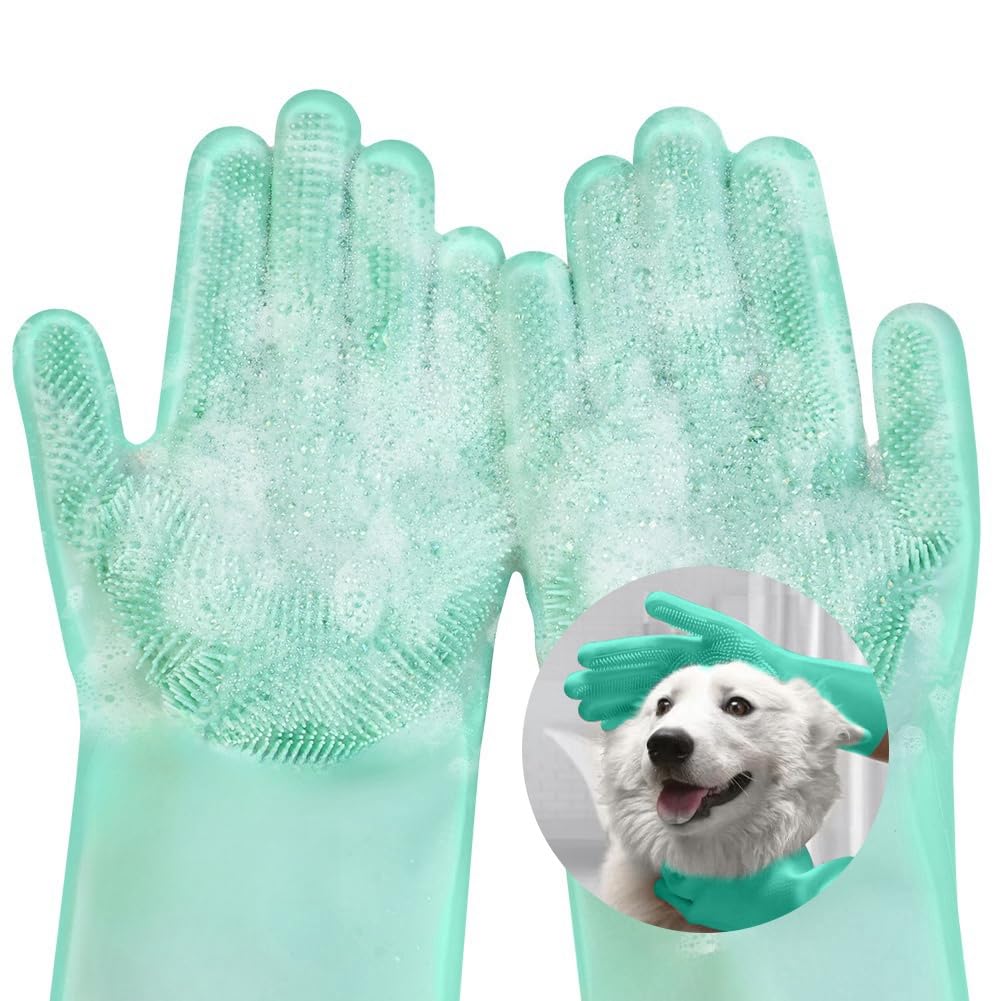 AMFUN Guantes reutilizables para el hogar, Verde Guantes de Limpieza de Silicona, Guantes de silicona reutilizables para lavar platos, para Lavar Platos, cocina, coche, cuidado de mascotas