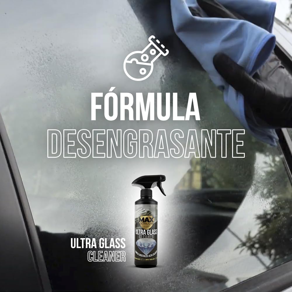 MAX DETAIL-LAB - Ultra Glass - Limpiacristales Coche Antivaho, Fórmula Desengrasante Limpia Cristales y Abrillanta, Repelente Agua Parabrisas Antilluvia, Kit Limpieza Detailing Car Profesional, 500ml