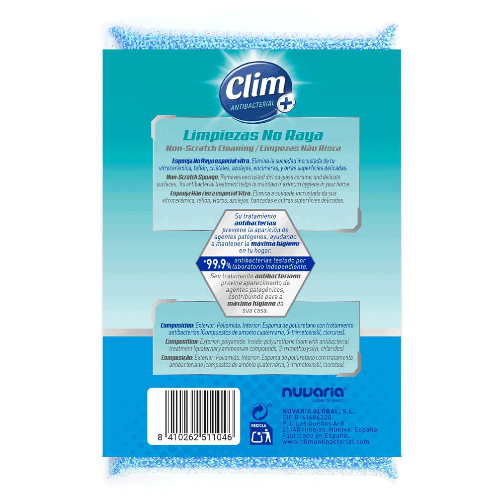 Clim Antibacterial Esponja para Limpiar Vitrocerámicas y Superficies Delicadas | Limpia sin rayar. Caja con 16 Esponjas en Paquetes de 2 Unidades | Cristal, Teflón, Cerámica y más.