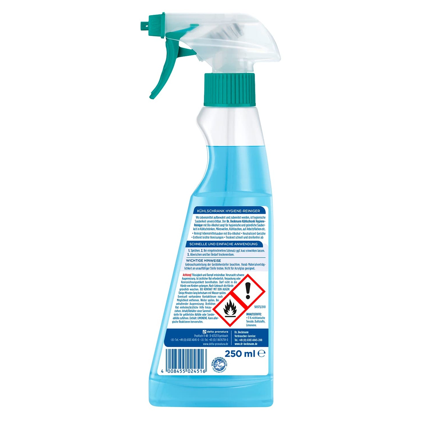 Dr. Beckmann Limpiador higiénico para frigorífico, limpia y neutraliza los olores, con alcohol orgánico, 1 x 250 ml